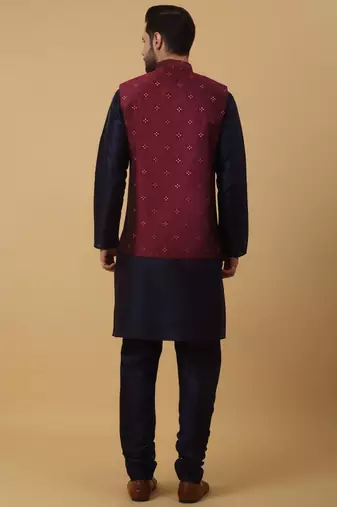 Men's navy blue kurta and churidar with jacquard floral nehru jacket
