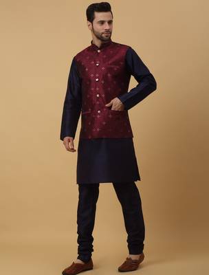 Men's navy blue kurta and churidar with jacquard floral nehru jacket 4