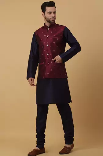 Men's navy blue kurta and churidar with jacquard floral nehru jacket