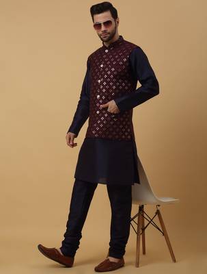 Men's navy blue kurta and churidar with sequenced cotton silk nehru jacket 1
