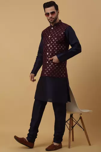 Men's navy blue kurta and churidar with sequenced cotton silk nehru jacket