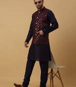 Men's navy blue kurta and churidar with sequenced cotton silk nehru jacket