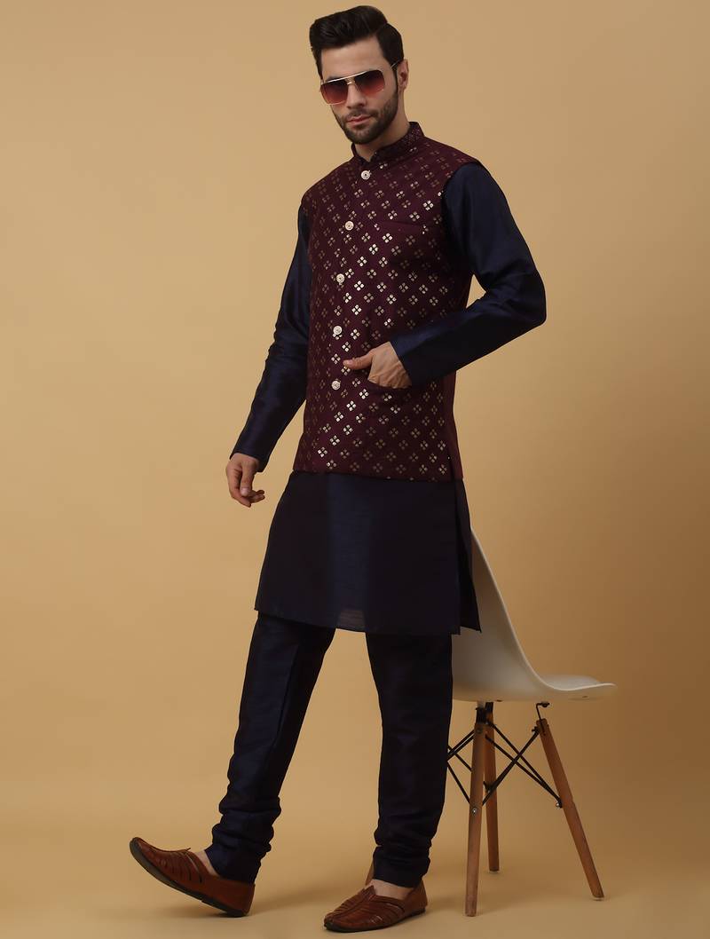 Men's navy blue kurta and churidar with sequenced cotton silk nehru jacket