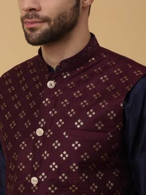 Men's navy blue kurta and churidar with sequenced cotton silk nehru jacket 2