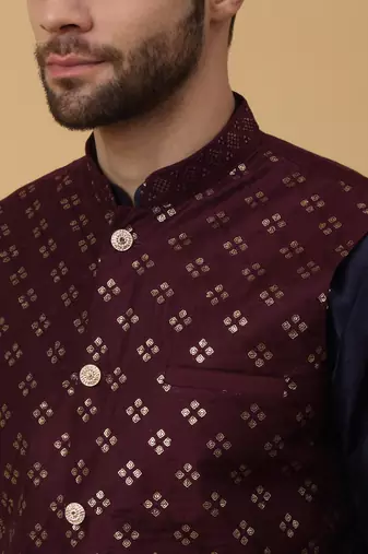 Men's navy blue kurta and churidar with sequenced cotton silk nehru jacket