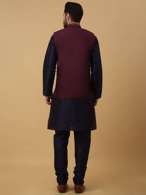 Men's navy blue kurta and churidar with sequenced cotton silk nehru jacket 3