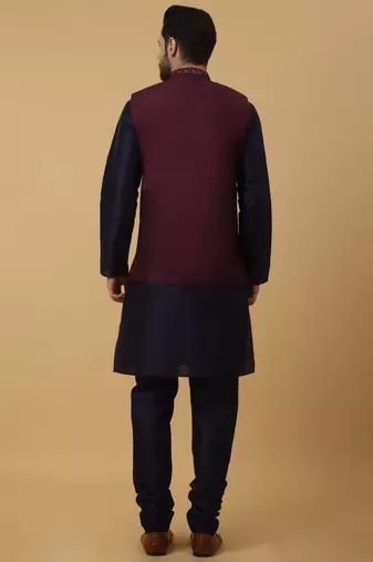 Men's navy blue kurta and churidar with sequenced cotton silk nehru jacket