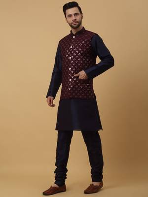 Men's navy blue kurta and churidar with sequenced cotton silk nehru jacket 4