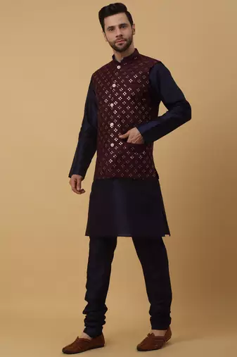 Men's navy blue kurta and churidar with sequenced cotton silk nehru jacket