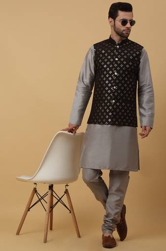 Men's grey kurta and churidar with sequenced cotton silk nehru jacket