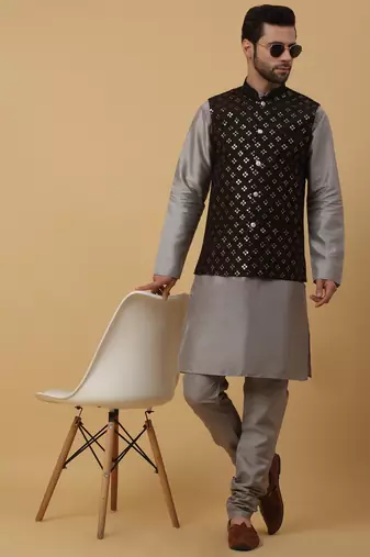 Men's grey kurta and churidar with sequenced cotton silk nehru jacket