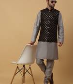 Men's grey kurta and churidar with sequenced cotton silk nehru jacket