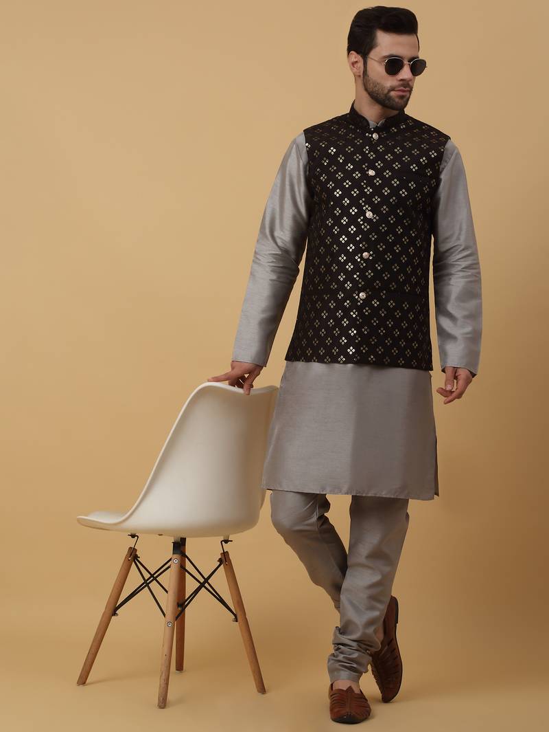 Men's grey kurta and churidar with sequenced cotton silk nehru jacket