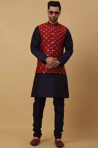Men's navy blue kurta and churidar with jacquard ethnic nehru jacket