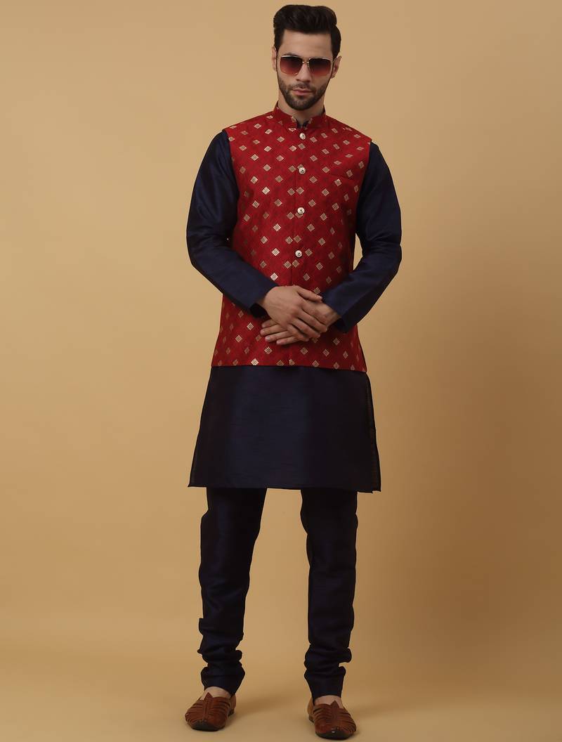 Men's navy blue kurta and churidar with jacquard ethnic nehru jacket