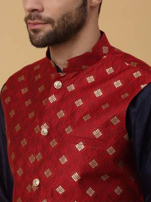 Men's navy blue kurta and churidar with jacquard ethnic nehru jacket 2