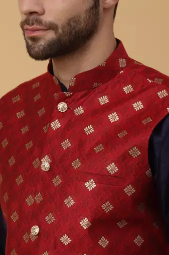Men's navy blue kurta and churidar with jacquard ethnic nehru jacket