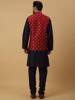 Men's navy blue kurta and churidar with jacquard ethnic nehru jacket 3