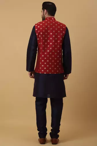 Men's navy blue kurta and churidar with jacquard ethnic nehru jacket