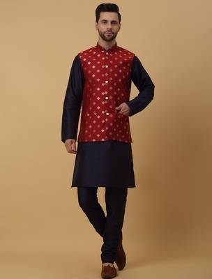 Men's navy blue kurta and churidar with jacquard ethnic nehru jacket 4