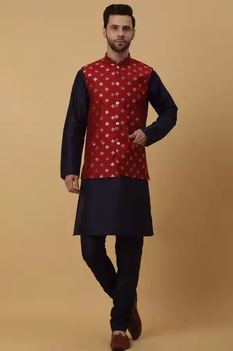 Men's navy blue kurta and churidar with jacquard ethnic nehru jacket