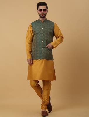 Men's mustard kurta and churidar with jacquard ethnic motifs printed nehru jacket 1