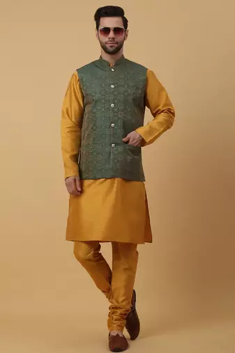 Men's mustard kurta and churidar with jacquard ethnic motifs printed nehru jacket