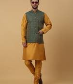 Men's mustard kurta and churidar with jacquard ethnic motifs printed nehru jacket