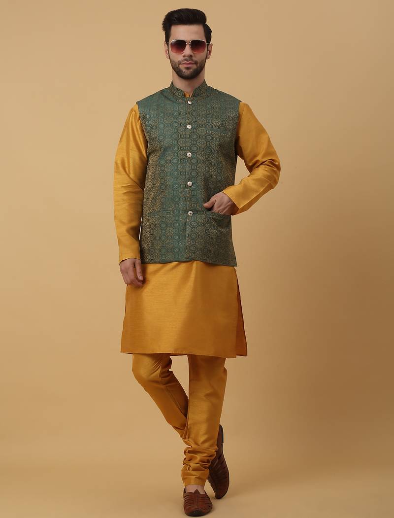 Men's mustard kurta and churidar with jacquard ethnic motifs printed nehru jacket