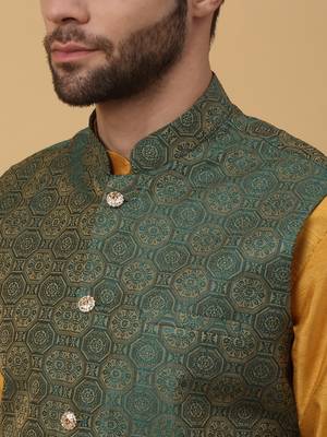 Men's mustard kurta and churidar with jacquard ethnic motifs printed nehru jacket 2