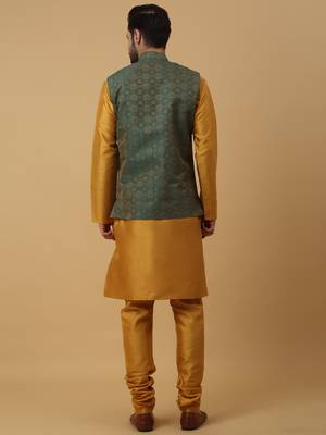 Men's mustard kurta and churidar with jacquard ethnic motifs printed nehru jacket 3