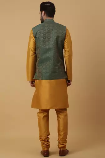 Men's mustard kurta and churidar with jacquard ethnic motifs printed nehru jacket