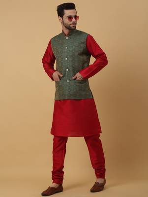 Men's Red kurta and churidar with jacquard ethnic motifs printed nehru jacket 1