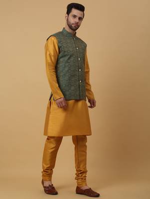 Men's mustard kurta and churidar with jacquard ethnic motifs printed nehru jacket 4