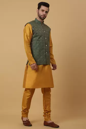 Men's mustard kurta and churidar with jacquard ethnic motifs printed nehru jacket