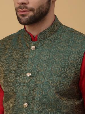 Men's Red kurta and churidar with jacquard ethnic motifs printed nehru jacket 2