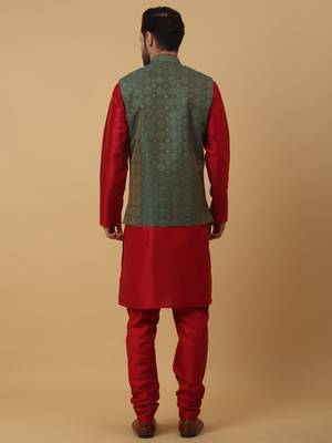 Men's Red kurta and churidar with jacquard ethnic motifs printed nehru jacket 3