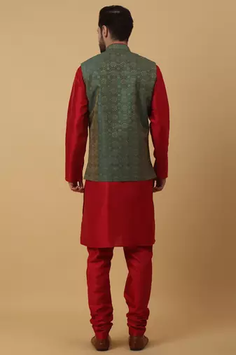 Men's Red kurta and churidar with jacquard ethnic motifs printed nehru jacket