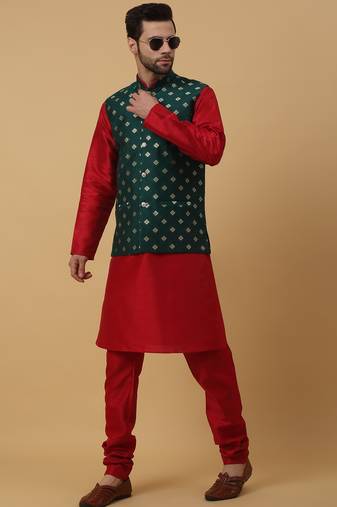 Men's Red kurta and churidar with jacquard ethnic nehru jacket