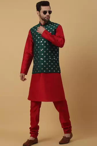 Men's Red kurta and churidar with jacquard ethnic nehru jacket