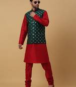 Men's Red kurta and churidar with jacquard ethnic nehru jacket
