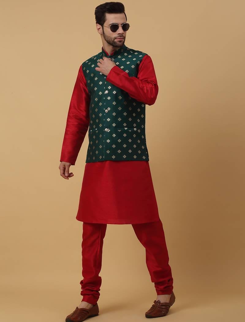 Men's Red kurta and churidar with jacquard ethnic nehru jacket