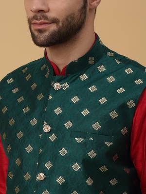 Men's Red kurta and churidar with jacquard ethnic nehru jacket 2