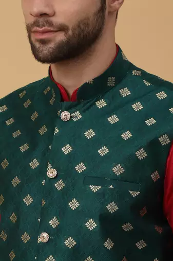 Men's Red kurta and churidar with jacquard ethnic nehru jacket