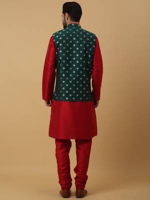 Men's Red kurta and churidar with jacquard ethnic nehru jacket 3