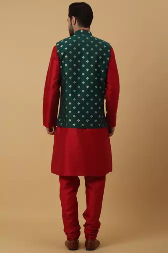 Men's Red kurta and churidar with jacquard ethnic nehru jacket