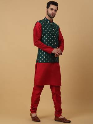 Men's Red kurta and churidar with jacquard ethnic nehru jacket 4