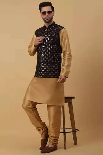 Men's gold kurta and churidar with sequenced cotton silk nehru jacket
