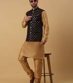 Men's gold kurta and churidar with sequenced cotton silk nehru jacket