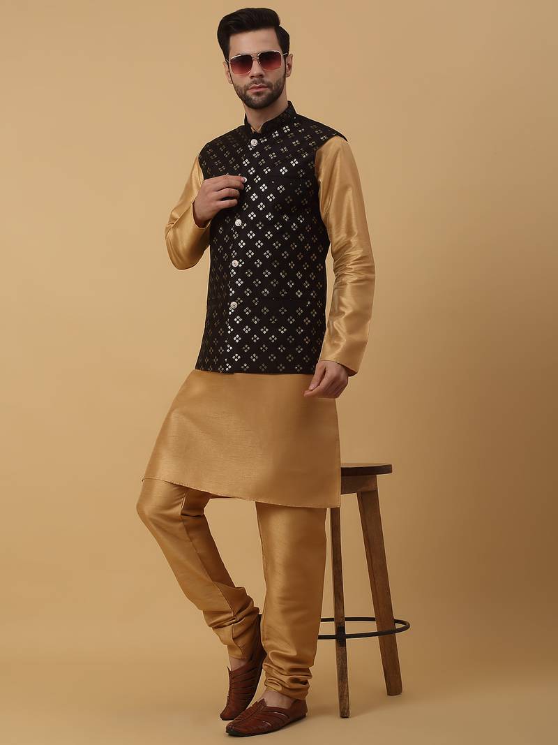 Men's gold kurta and churidar with sequenced cotton silk nehru jacket